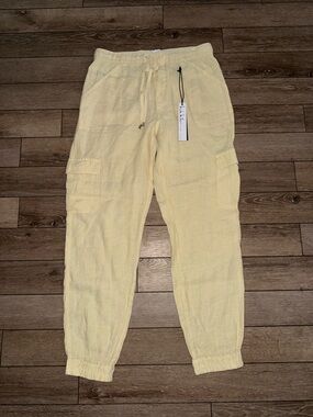 NEW NICOLE MILLER 100% LINEN pale Yellow Cargo Jogger Pants SZ M